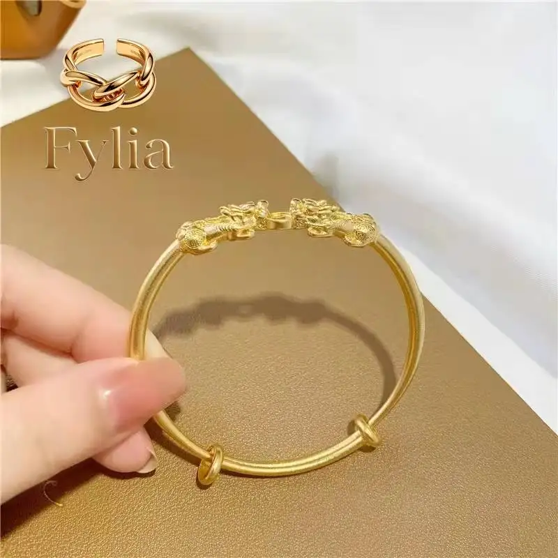 Fylia Jewelry   9999 24K real gold Pixiu Push and Pull Bracelet Double Pixiu Coins Women's Fashion Bracelet Bracelet