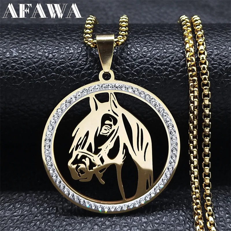 Collar con colgante de cabeza de caballo para hombres y mujeres, cadena de animales de cristal de acero inoxidable, accesorios para caballos, joyería colar masculino
