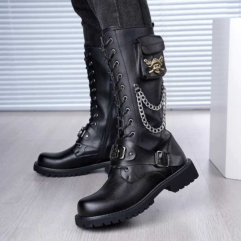 High Quality Men's Punk Gothic Boots High Top Leather Combat Boots Chunky Sole Chain Decor Lace Up Stage Boots Trendy Footwear