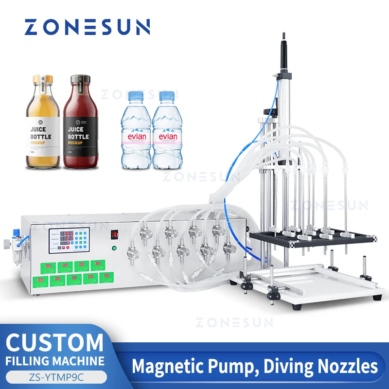 ZONESUN Liquid Filling Machine ZS-YTMP9C Pneumatic 9 Diving Nozzles Magnetic Pump Drink Beverage Juice Cosmetic Skincare Perfume