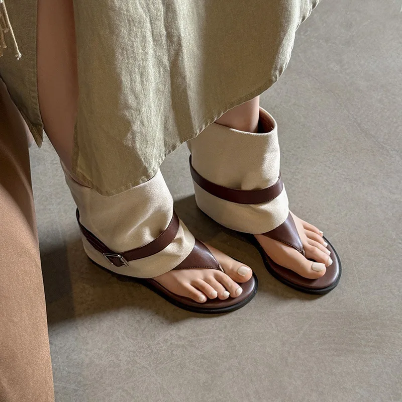 

2025 Summer cowhide Pinch toe Increased Internal Short boots Round toe Slip-on Middle heel Belt buckle Cool boots