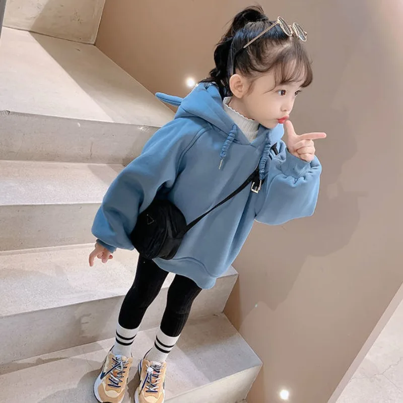 

2025 Spring New Arrival Korean Style Stylish Fleece-Lined Thickened Loose Fit Pullover Hoodie for Baby Girls Kids