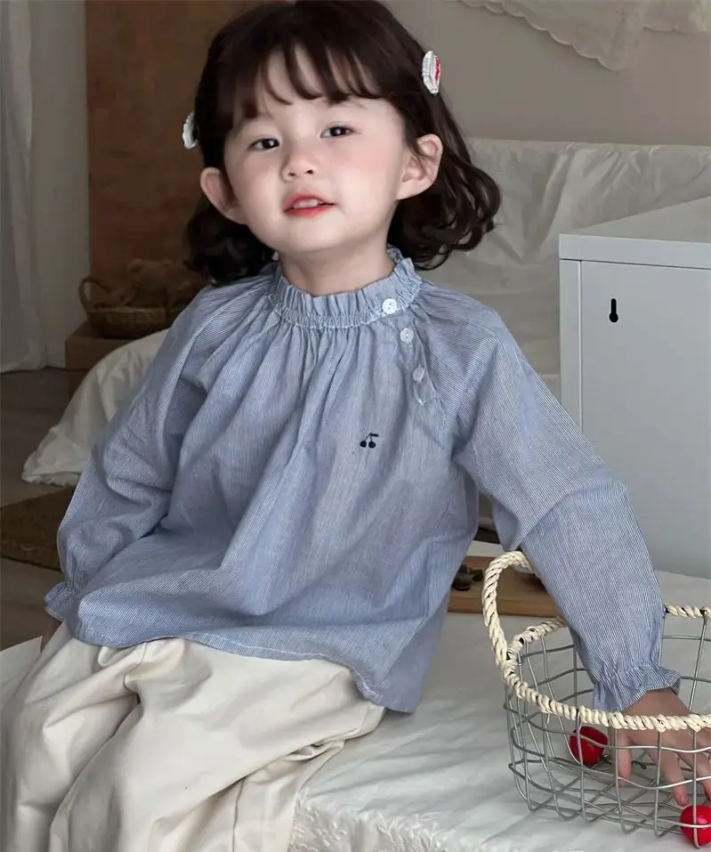 

kids girls clothes baby tops cotton t-shirts Blue striped embroidered top Girl's loose and comfortable Blouse