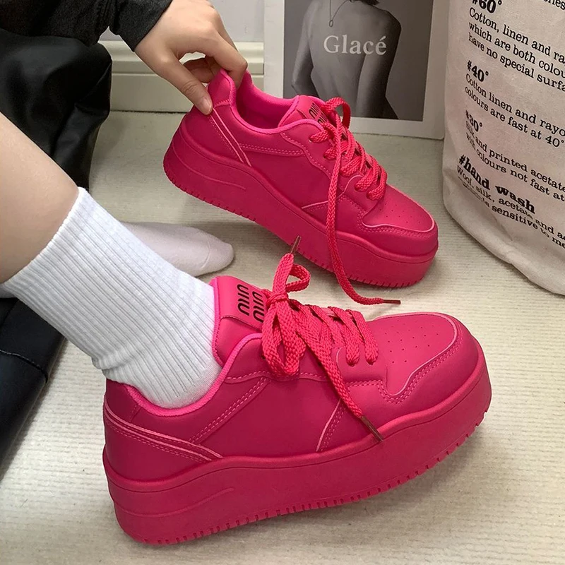 2025 novos sapatos de primavera para mulheres formadores verdes plataforma rendas até tênis mulher hip hop sapatos esportivos grossos tênis de couro falso