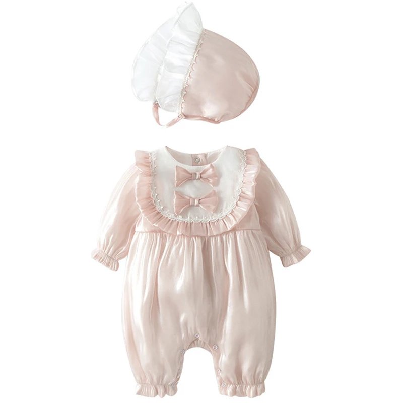 2Piece Sets Spring Autumn Baby Girl Clothes Cute Princess Bow Mesh Long Sleeve Jumpsuits Romper+Hat Newborn Photography BC1395