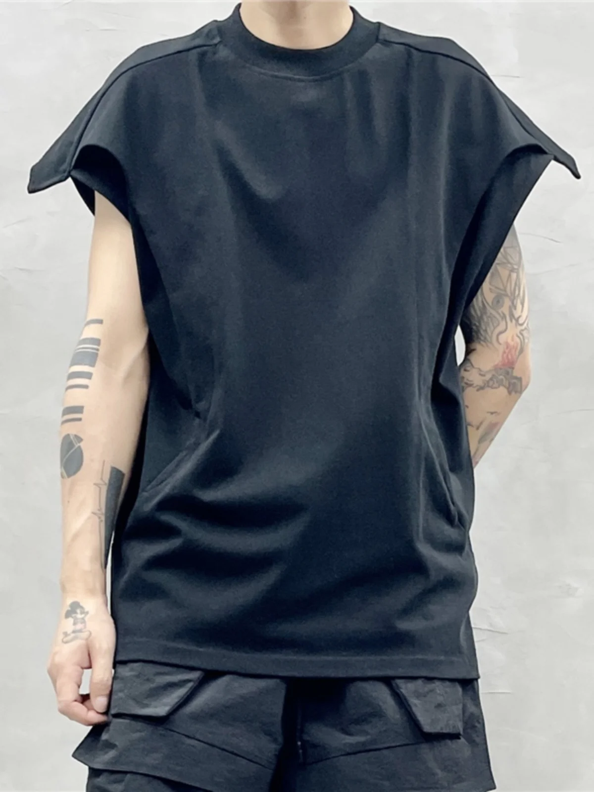 Design Sense High Street Stitching Loose Heavy Weight Sleeveless T-shirt Vest Dark Personality Waistcoat Fashion Short Sleeve