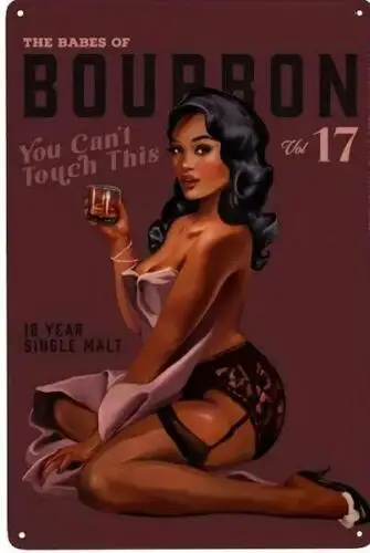 BOURBON WHISKEY METAL TIN SIGN BAR SIGN SEXY GIRL IN LINGERIE BOURBON BABES 17 sign sign
