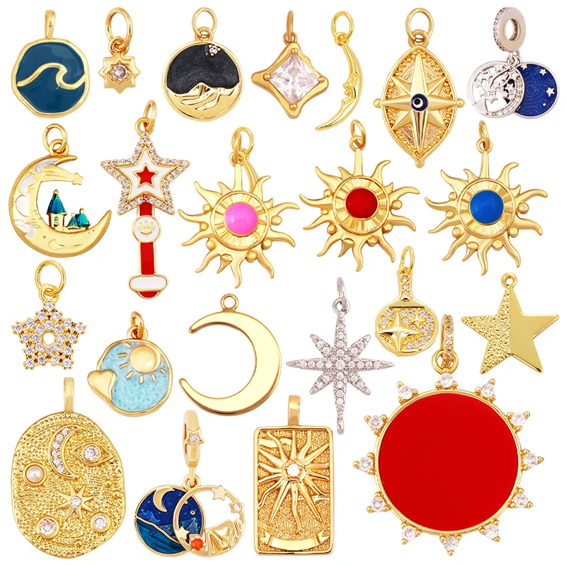 Trendy Red Sun Blue Night Star Moon Universe Celestial Rainbow Charm Pendant,Gold Plated Zircon Jewelry Findings Supply S09