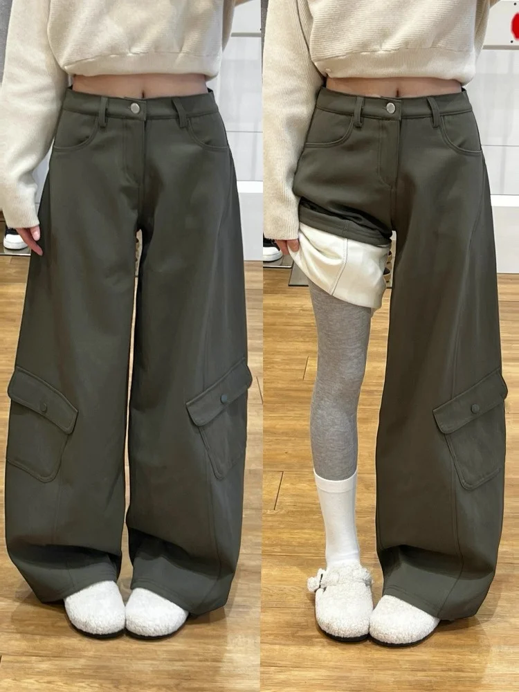 

Retro Military een Fce Lined Denim Workwear Pants Women's Autumn Winter Warm Casual Drapey Large ket Wide Leg Knife P...