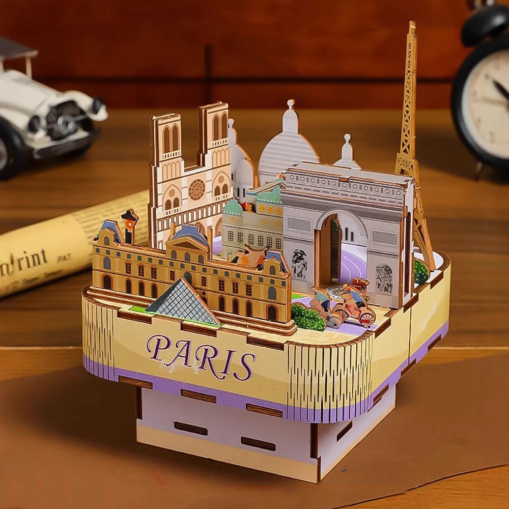 

DIY Music Box Wooden Model Building Kits Paris Street View Assembled 3D Jigsaw Puzzles for Friends Birthday Gifts Home Decor