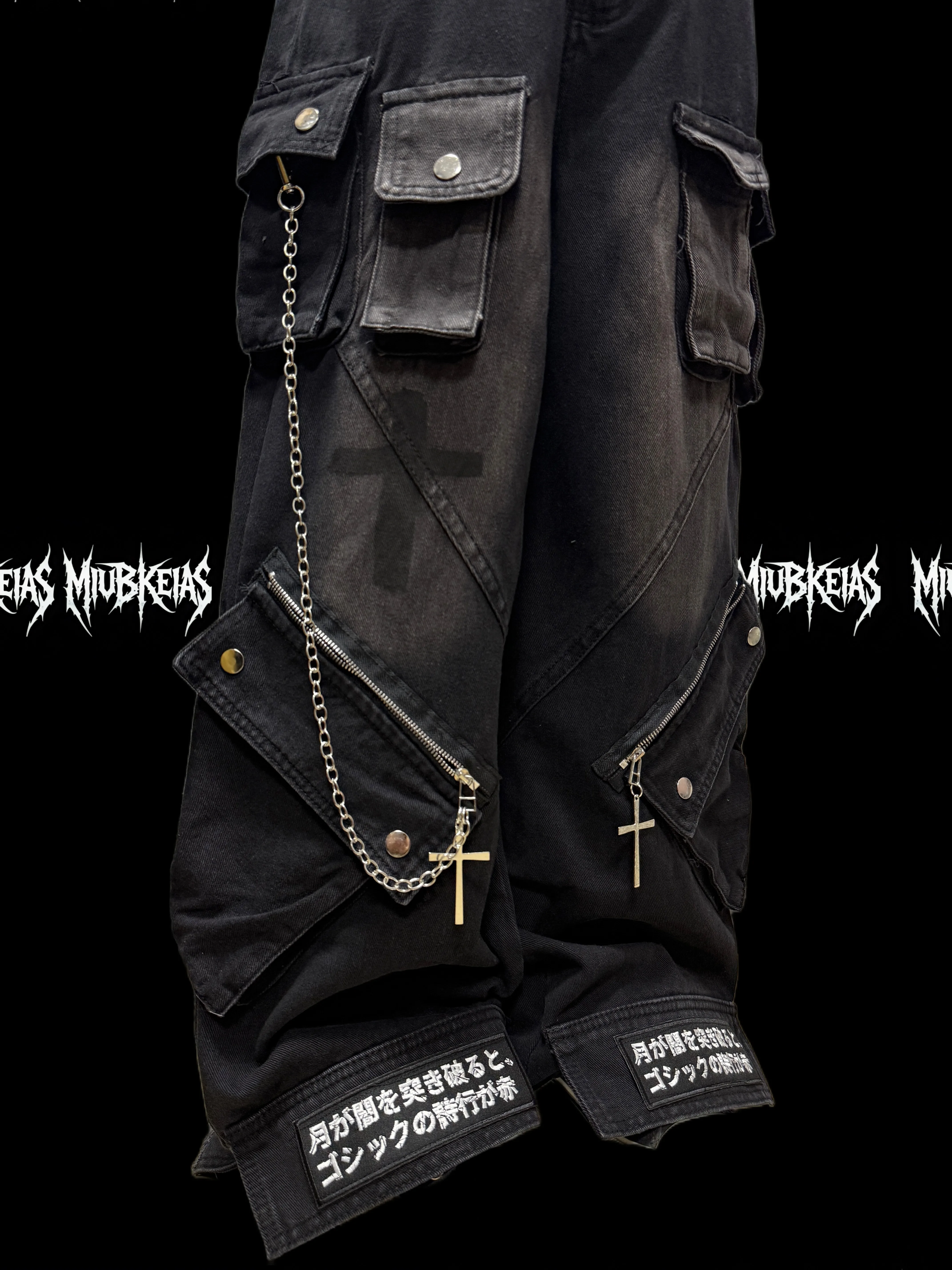 American Mechanical Style Multi-Pocket Cargo Pants Men's and Women's Washed Distressed Dark Straight Zipper Denim Trousers