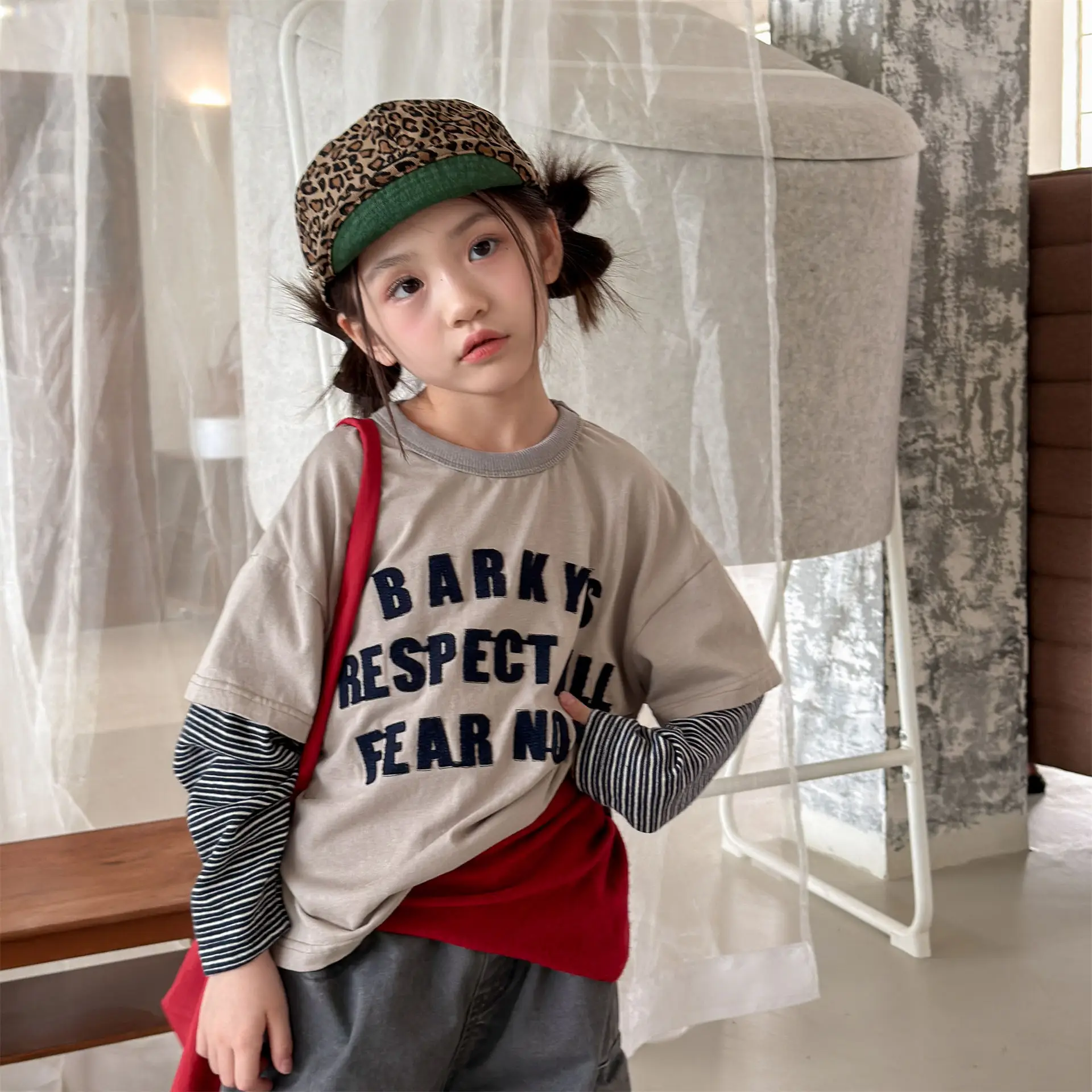 Boys T-shirt 2026 Spring and Autumn New Children's Clothing Korean Style Boys and Girls Striped Sleeve Splicing Letter T-shirt