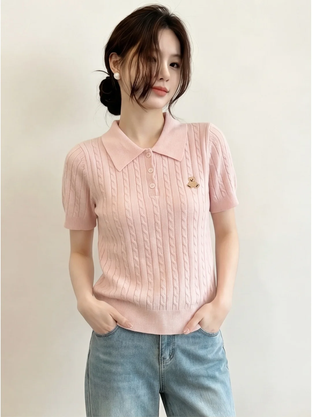 

Slim Fit Neck Knitted Sweater Women's Summer Commute Design Sense Short Sleeve Twist Yarn Pink College Style Top