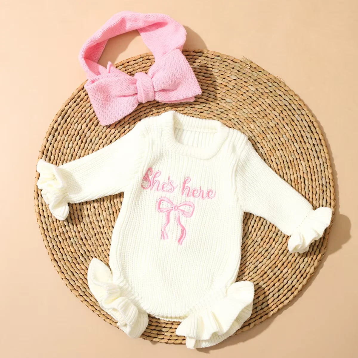 2-delige set gebreide pasgeboren fotografie-outfits met strik hoofdband boog borduurwerk babymeisje ruche romper baby breien trui
