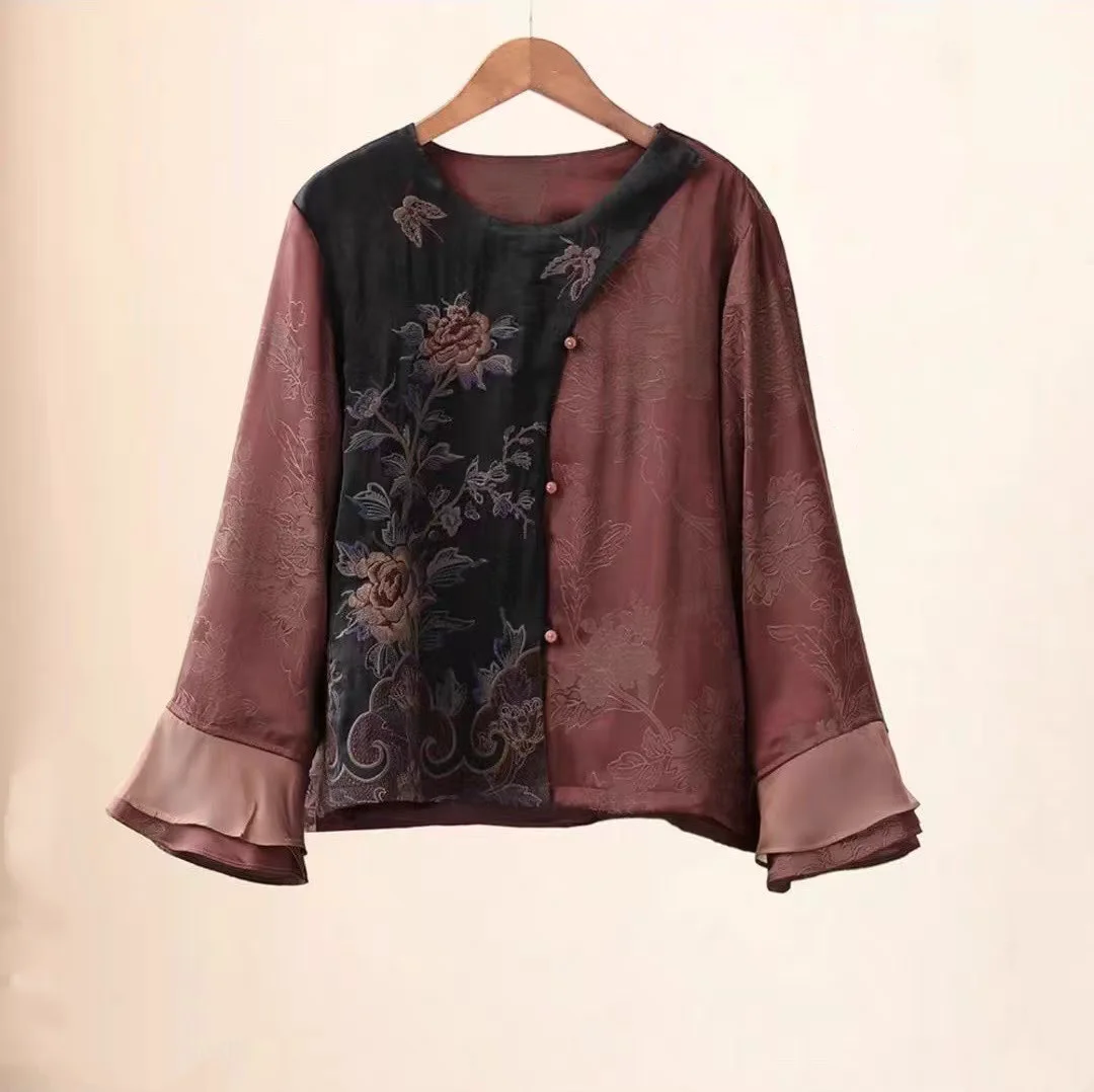 Luxury spring Women's tops national style embroidery Short coat Vintage jacquard designer blouses brown shirts