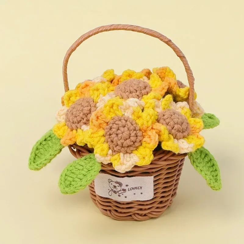 

1pc Finished Handmade Sunflower Mini Flower Basket Crocheted Graduation Season Teachers' Day Souvenir Gift DIY Tabletop Ornament