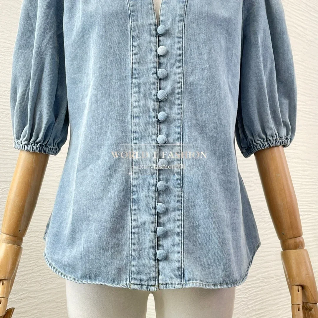 

2025 New Fashion Blue Half Sleeve Demin V Neck Blouse Tops