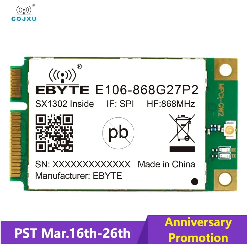 SX1302 LoRaWan Gateway RF Module 863~873MHz 27dBm Built-in PA and LNA Half-duplex PCI-e Interface E106-868G27P2