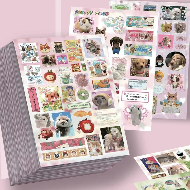 8Pc/set Cartoon Retro Small Animal Stickers Cute Penguin Cat Kawaii Sticker for Journal Scrapbook Girl DIY Deco Sticker Set