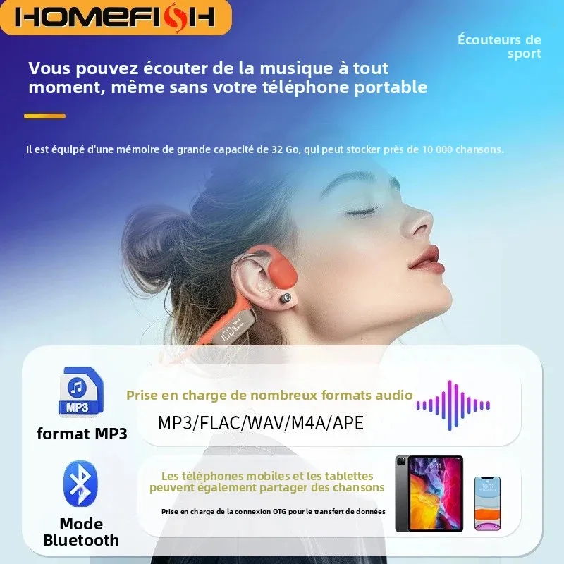 Casque audio à conduction osseuse HOMEFISH S10 IPX8 étanche, casque sport Bluetooth à oreille ouverte avec lecteur MP3 32 Go, autonomie de 72 heures
