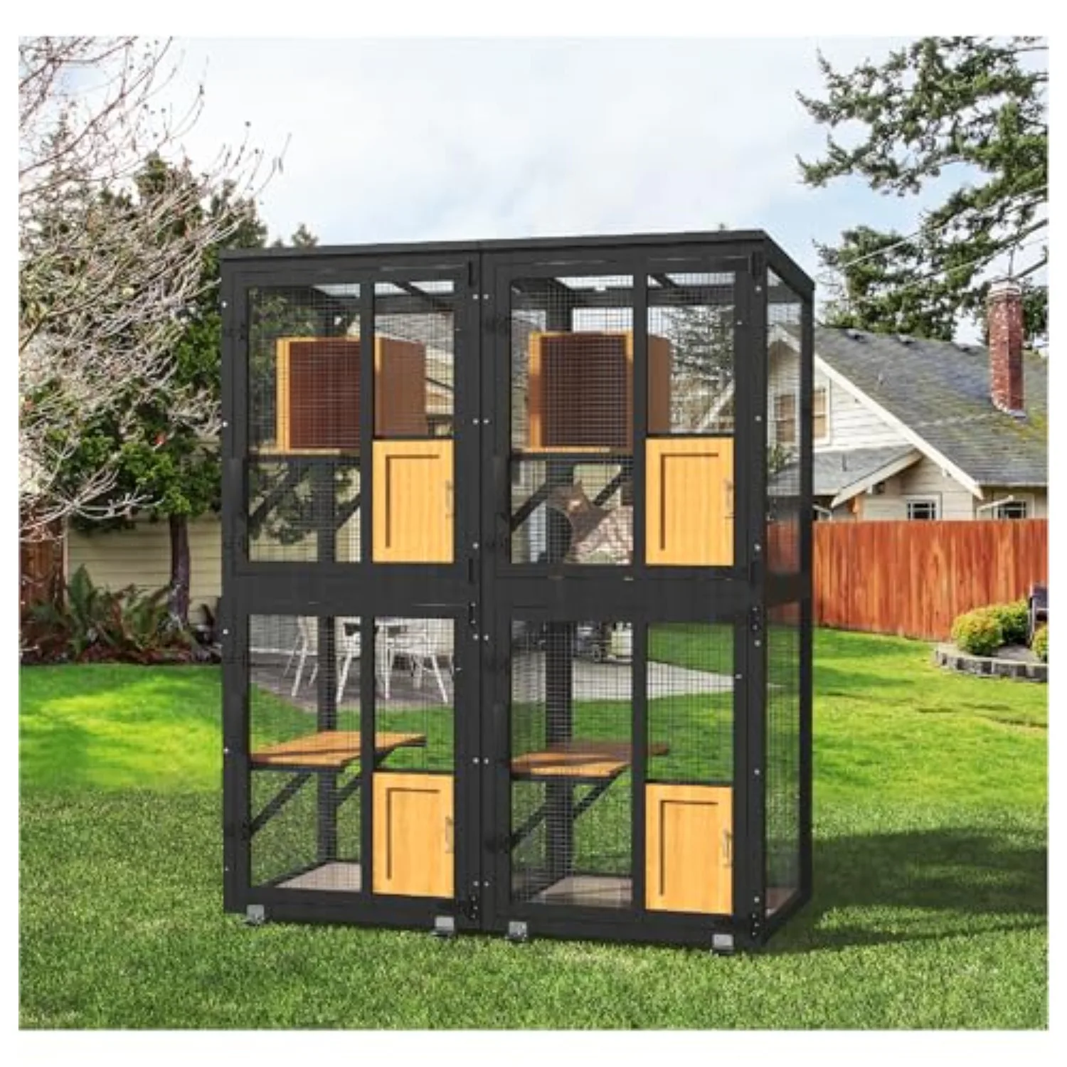 2 in 1 Catio Outdoor Cat Enclosure with Wheels for Indoor Outdoor, Black | 4 Tier Outdoor Cats House, Cat Enclosure