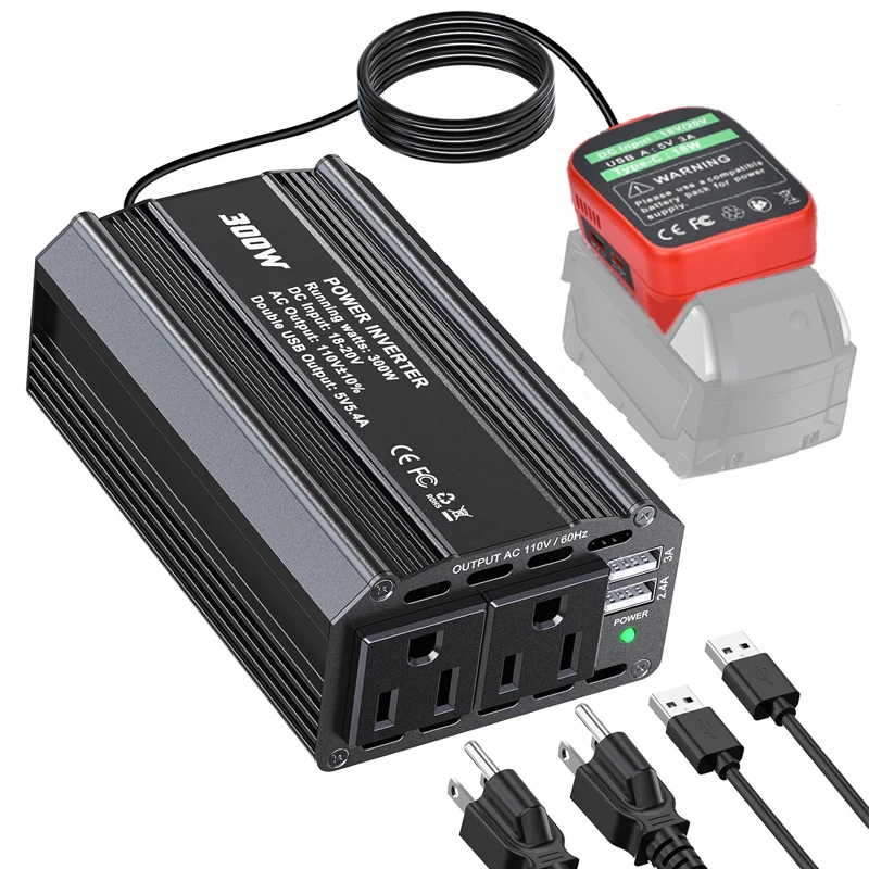 

For Milkwaukee18V Li-ion Battery Car Power Inverter AC110V-120V with USB Type-c 300W Outdoor Inverter for Car Vehicles Phone Fan