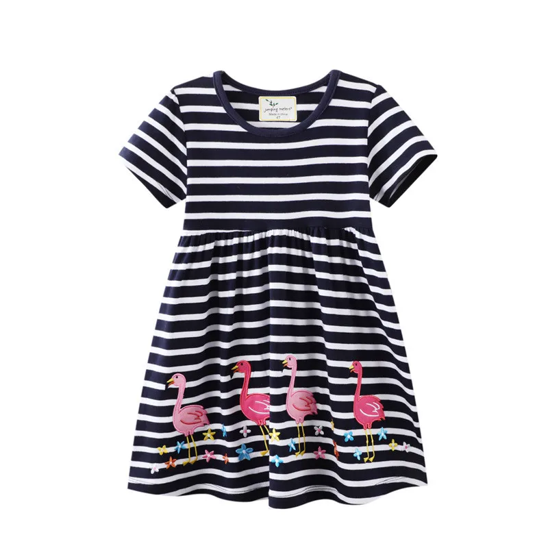 

Jumping Meters Flamingo Embroidery Baby Girls Dresses Striped Children's Clothes Hot Selling Toddler Princess Dress Girl Wear