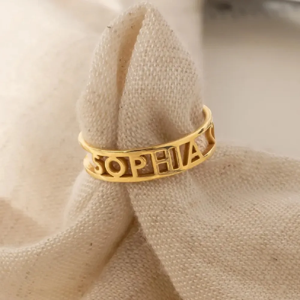 Sipuris Personalisierter Offener Ring aus Edelstahl mit Namensschild, Verstellbarer Charm-Ring in Goldfarbe, Schmuck, Hochzeitsgeschenke – Detail 10