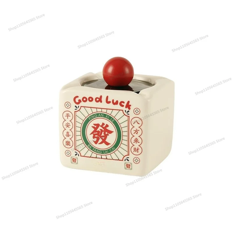 For Retro Ceramic Ashtray, Wealth Luck, Large Capacity with Lid, Anti Flying