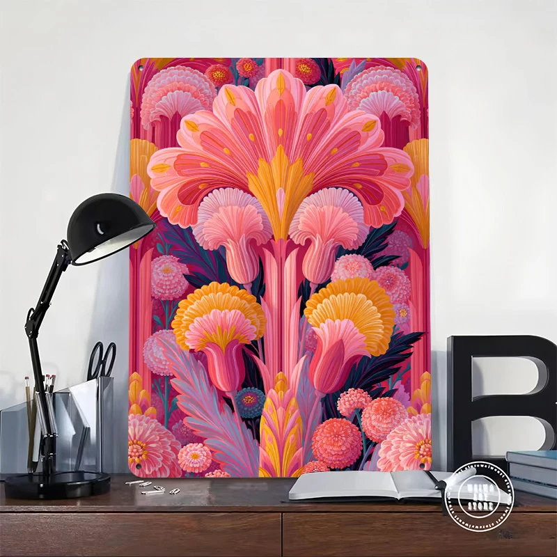 Vibrant Pink and Yellow Floral Pattern Poster Customized Vintage Metal Signs Wall Art Retro Tin Plaque for Room Decoration Cozy