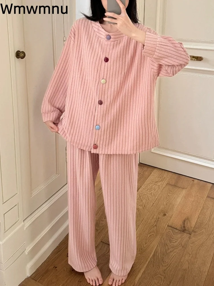 Bottone monopetto addensato Conjuntos caldi Set da 2 pezzi a righe larghe casual da donna Set di pantaloni a vita alta alla moda