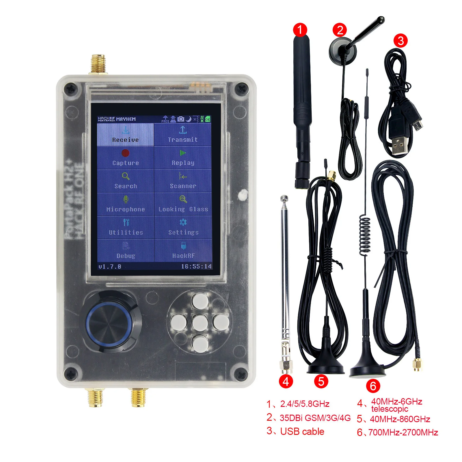 

1MHz-6GHz HackRF One R9 V2.0.0 Portapack H2 SDR Radio Assembled w/ LNA SMA Cable Antennas USB Cable