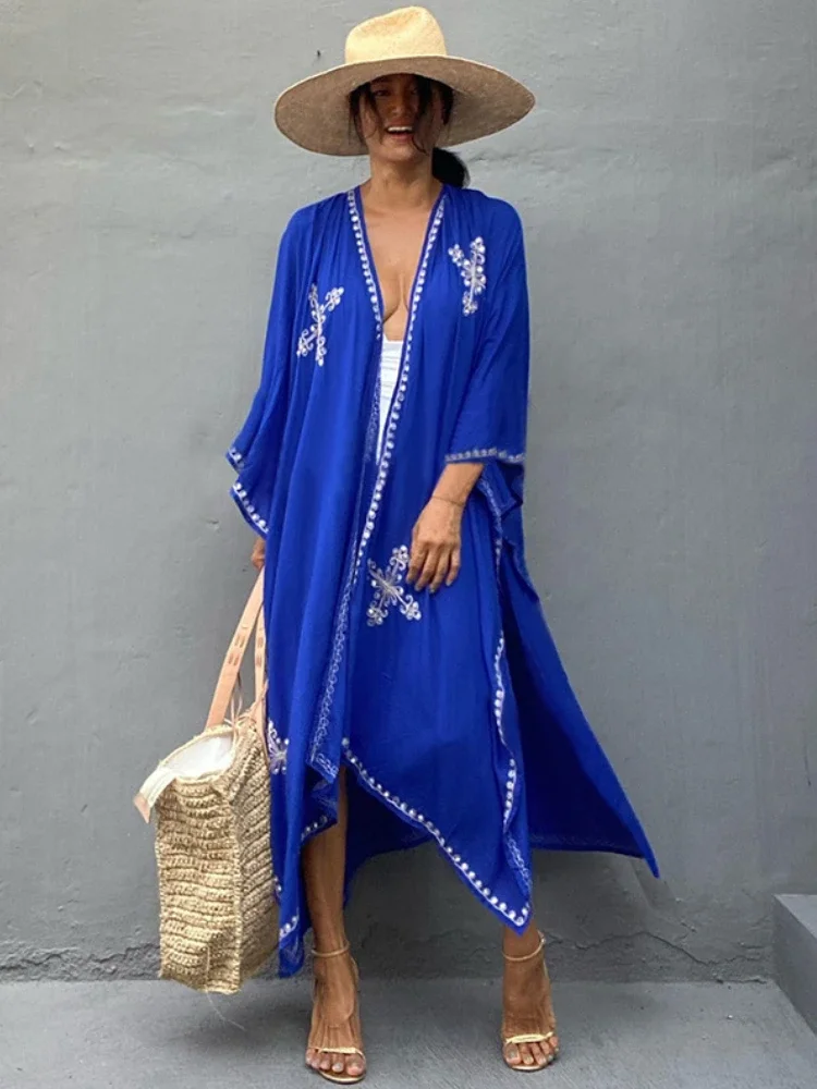 Beach Cover Up for Women Embroidery Flower Self Belted Kimono Asymmetric Summer Dresses Swimsuit 2026 New Beachwear