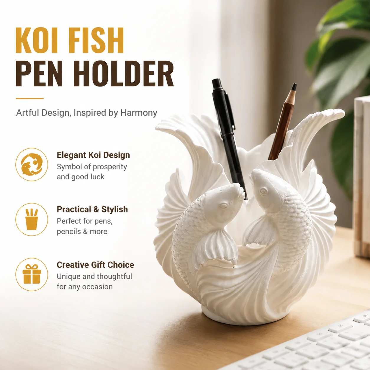 Koi Fish Pen Holder 3D Printed Desktop Vase Ornament Multifunctional Artistic Tabletop Storage Decor Unique Stylish Gift
