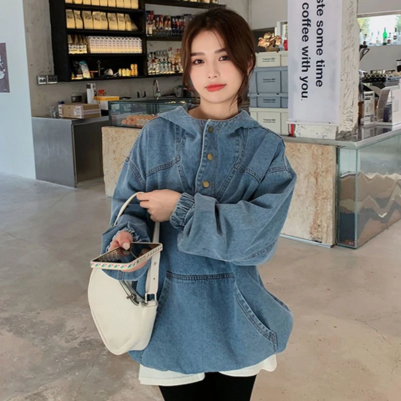 Nomikuma Causal Hooded Demin Sweatshirt Korean Long Sleeve Pocket Cowboy Hoodies Tops 2023 Autumn New Thin Pullover Jumper Women