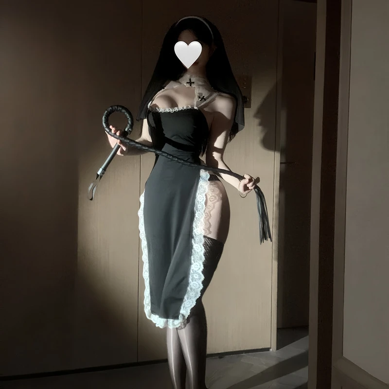 ชุดชั้นในเซ็กซี่เซ็กซี่ชุดแม่ชี cos เย้ายวนชุดคู่เจ้าชู้ pure desire high slit lace cutout ชุด L60