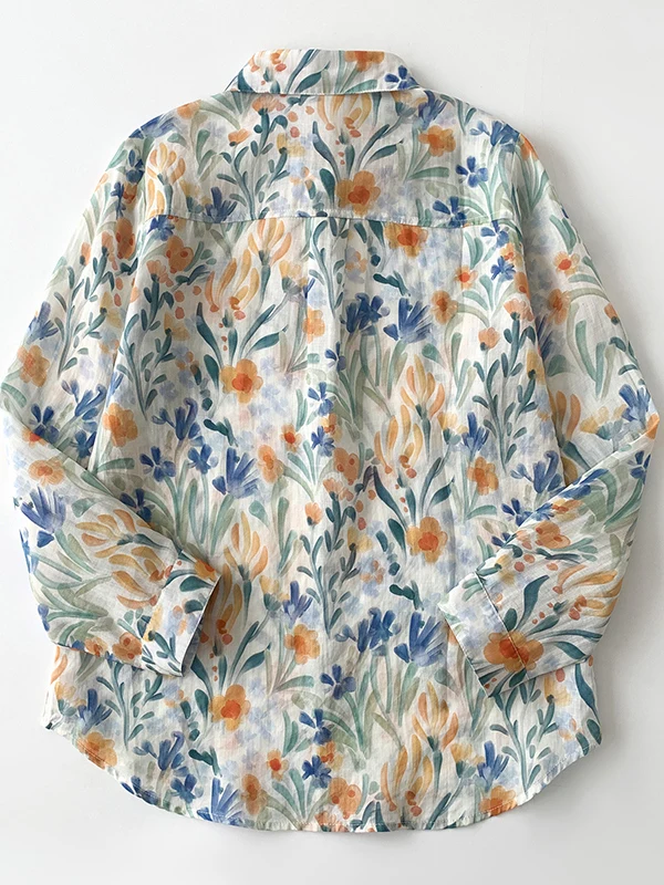 2025년 봄 루즈핏 롱 슬리브 여성용 플로럴 프린트 자외선 차단 코튼 린넨 혼방 칼라 캐주얼 출퇴근 슬레