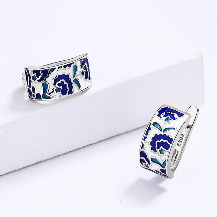 Classic Vintage Temperament Temperament Earrings Blue Enamel Studs Floral Fashion Party Ladies Graffiti Jewellery