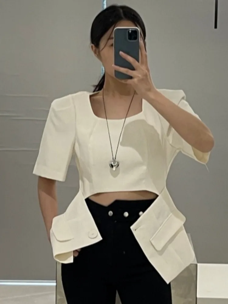 

Ele Summer ort Sve Suit irt Women's Waist-Cinching Bubble Sve ket Design Casual Sle Pure Color Faion