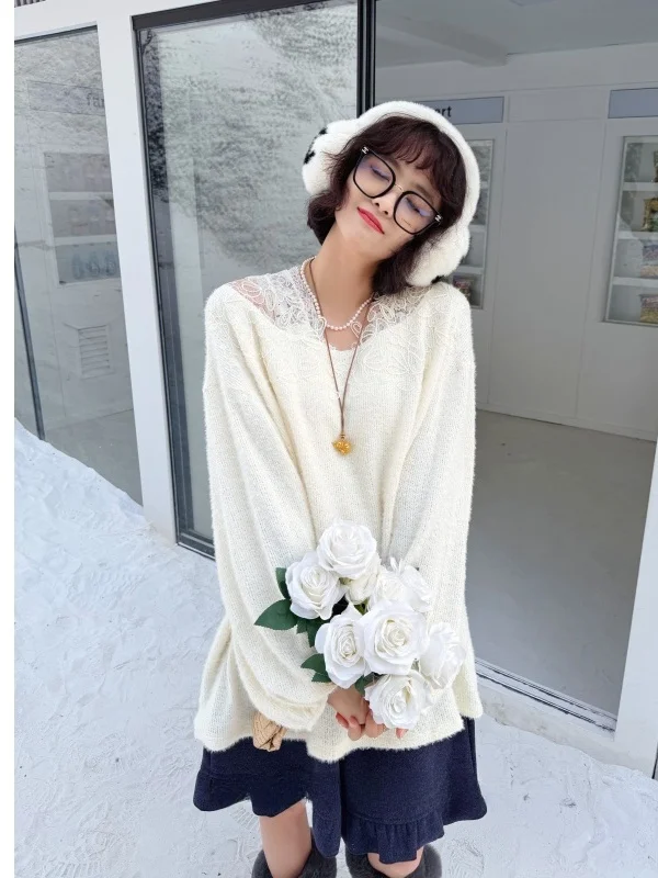 

plus Size Winter Knitted Lace Base Top Princ Sle Svel Hoodie Nylon Fabric Polyester Elastic Fiber Women's Wear