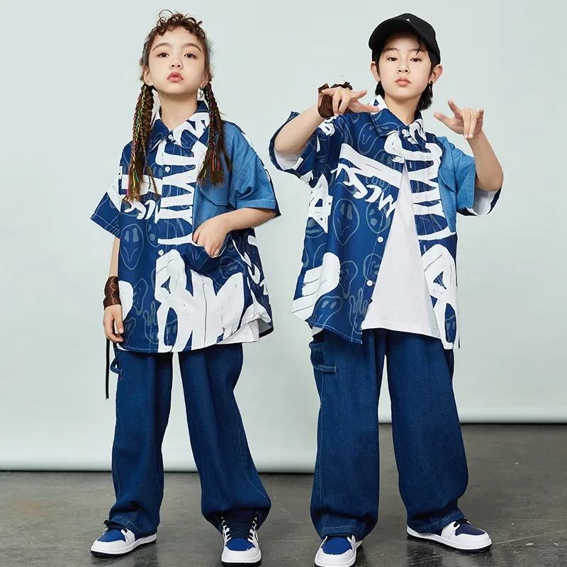 เด็กStreetwearชุดเด็กHip Hopเครื่องแต่งกายGraffitiกางเกงยีนส์เสื้อกางเกงหลวมสําหรับสาวStreet Danceเด็กแจ๊สเสื้อผ้า