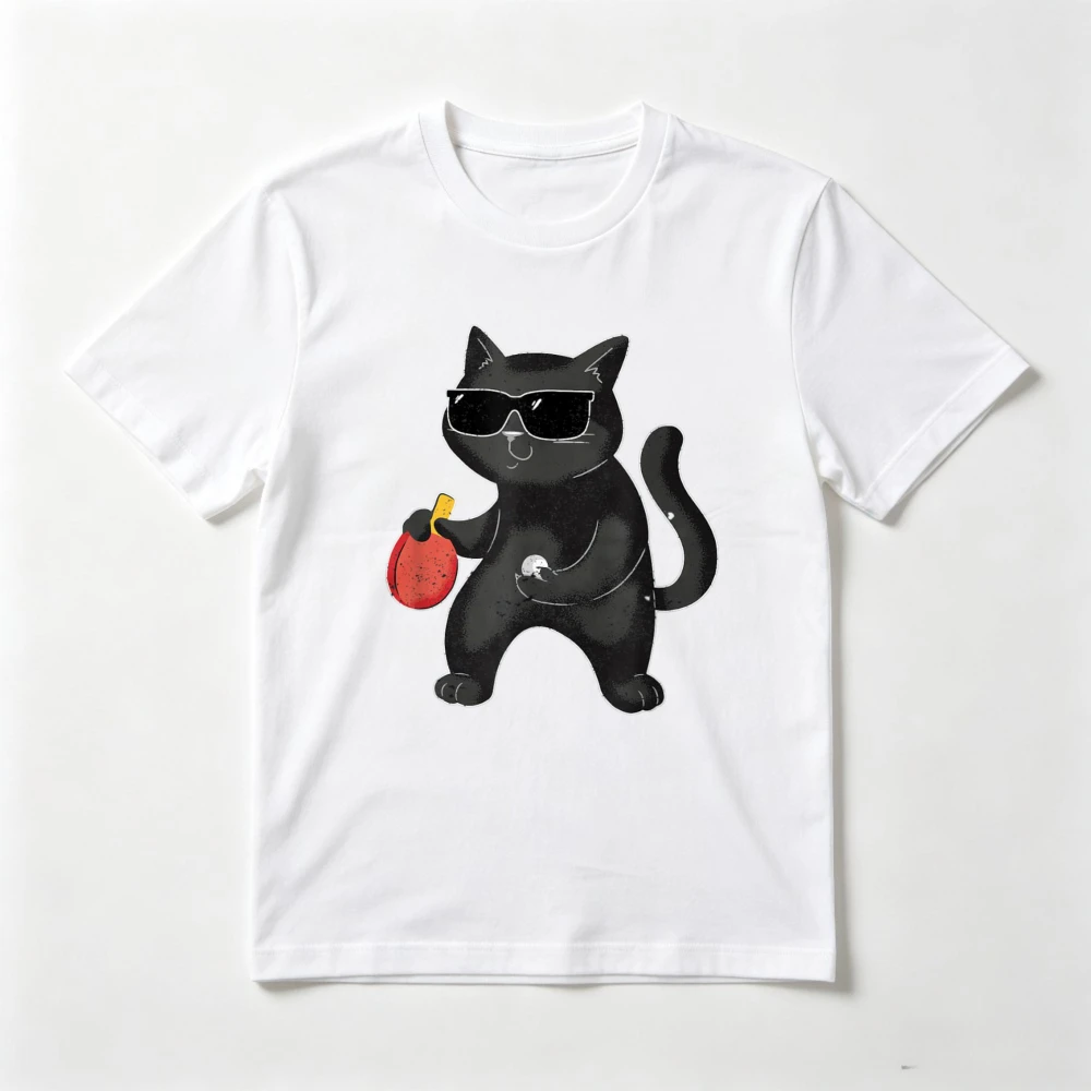 Funny Sunglasses Cat Playing Ping Pong Table Tennis Graphic Printed Classics T-Shirt Short Sleeve Summer O-neck Unisex T Shirt