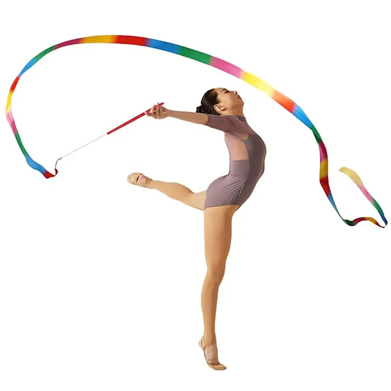 10PCS Rhythmische Gymnastik Tanz Bänder Auf Stäbchen Regenbogen Streamer Baton Twirling Talent Zeigt Künstlerische Fiesta Karneval Party