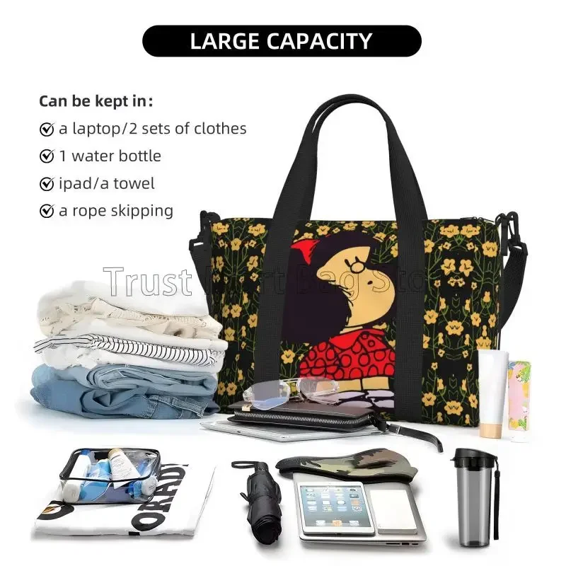 Cartoon Mafalda Print Handbagage Reistas Medium Opvouwbare Weekender Weekendtassen voor Dames Waterdichte Sport Gym Yoga Tas