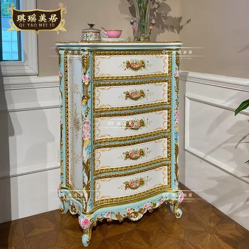 French Luxury Carved Five-Drawer Cabinet Decorative Cabinet Classical Art Hand-Painted Bedroom Storage Cabinet