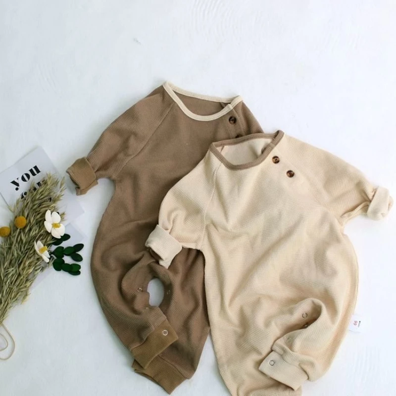 HY2389 Korean Style Baby Boys Girls Romper Long Sleeve Harem Jumpsuit Simple Grid Design Crawler Clothes Versatile Baby Outfit