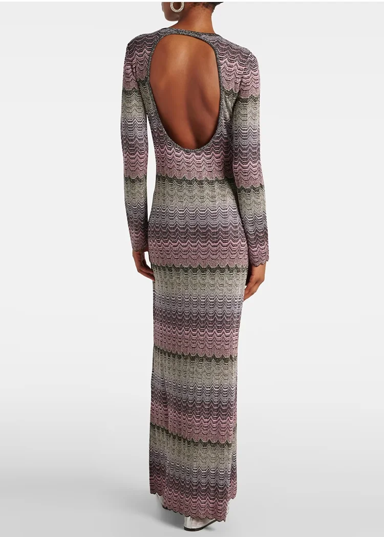 

Autumn Women Backless Knitted Maxi Dress Striped Round Neck Long Sleeve Slim Ladies Robe