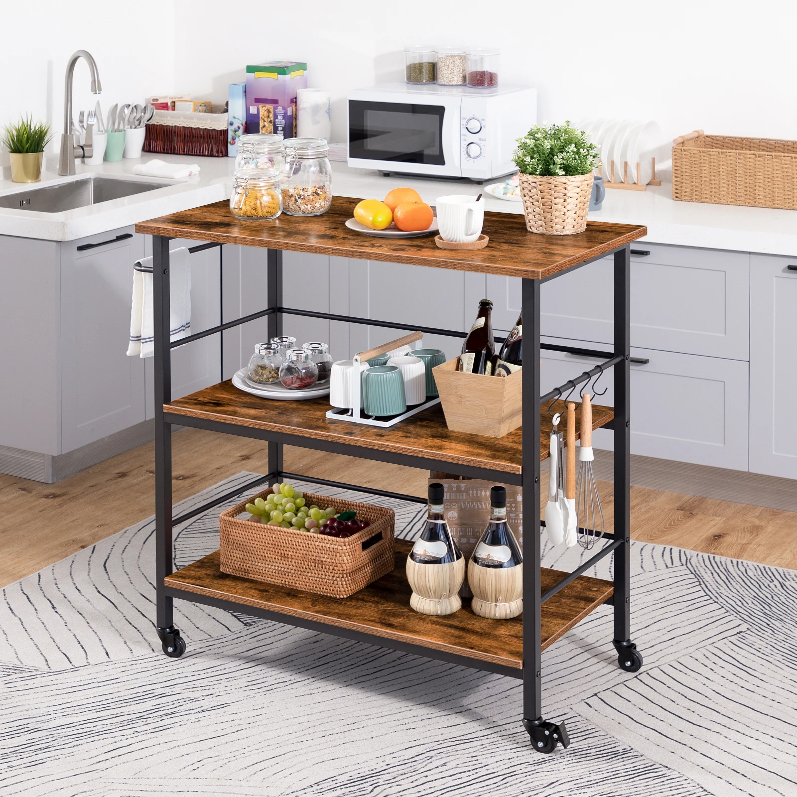 Kitchen Island with Storage Industrial Kitchen Counter with Hooks and Side Enclosures 3 Tier Kitchen Cart with Large Workstation