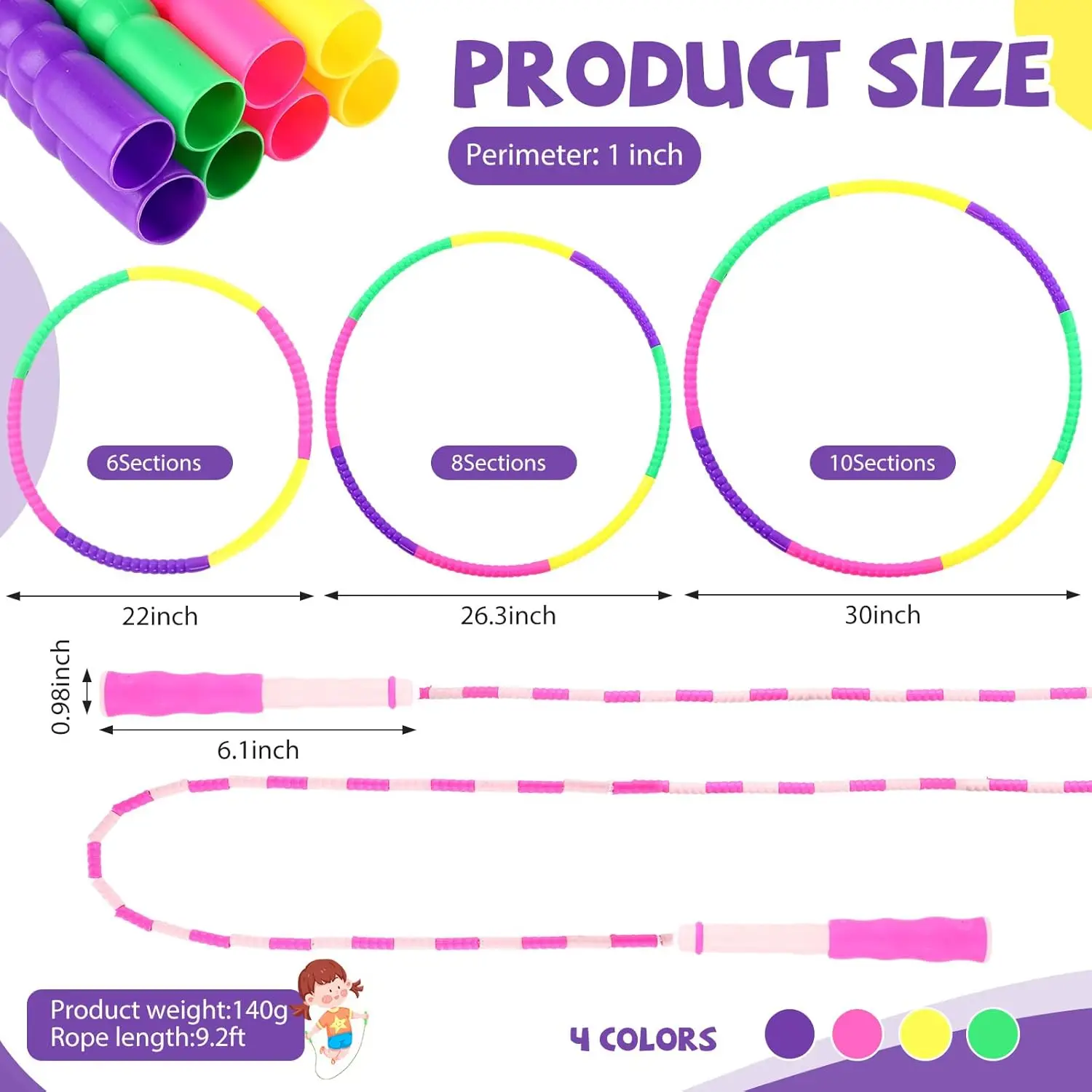 HyDren 16 PCS Detachable Hoop and Jump Rope Set Include 8 Soft Beaded Skipping Rope and 8 Adjustable Size Length Plastic Hoops f