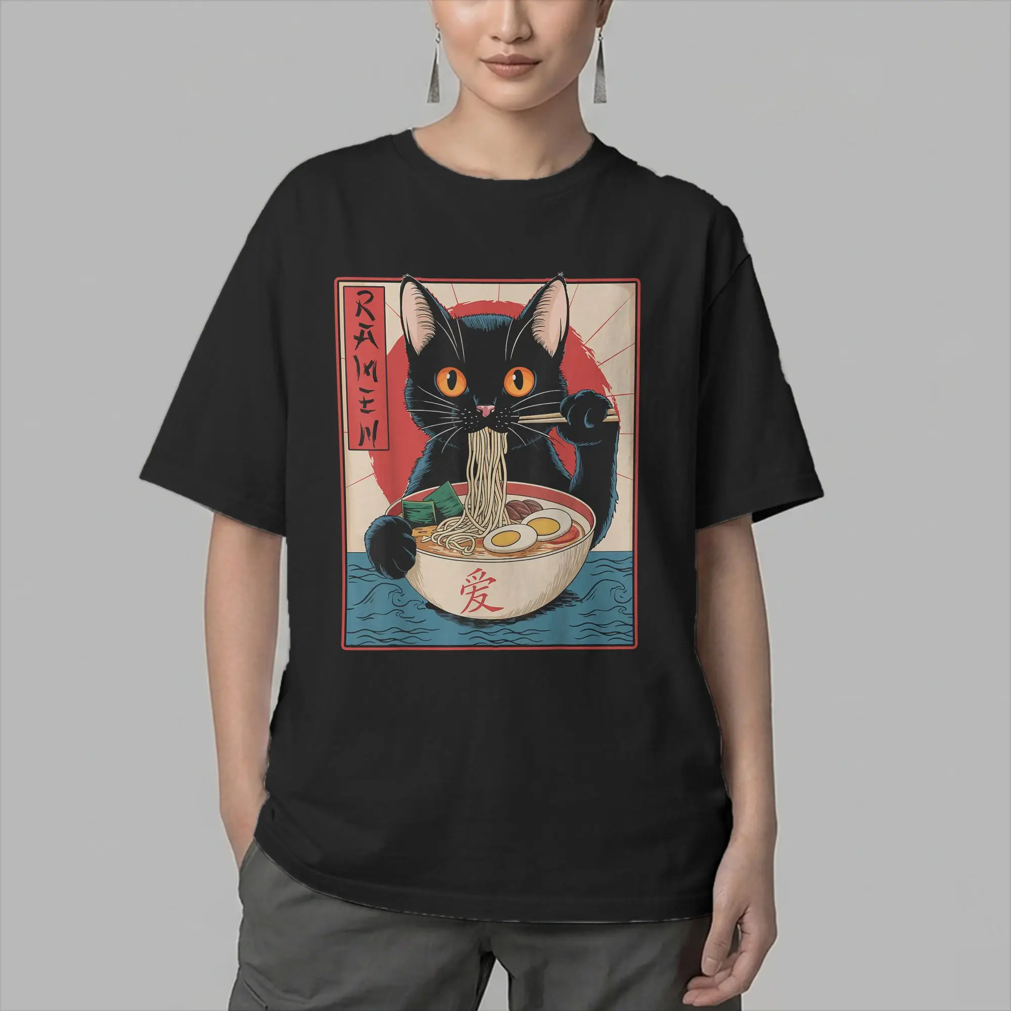 Japanese Black Cat Ramen T-Shirt Men Kawaii Noodle Cat Vintage Pure Cotton Tees O Neck Short Sleeve T Shirt Summer Tops